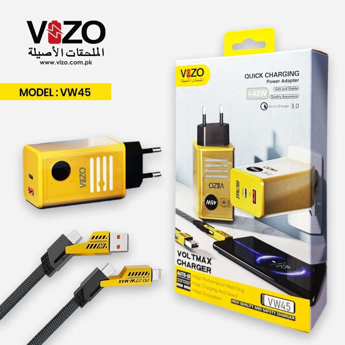 Vizo Voltmax Charger VW45 – Super Fast 45W Charging with Dual Cable Support